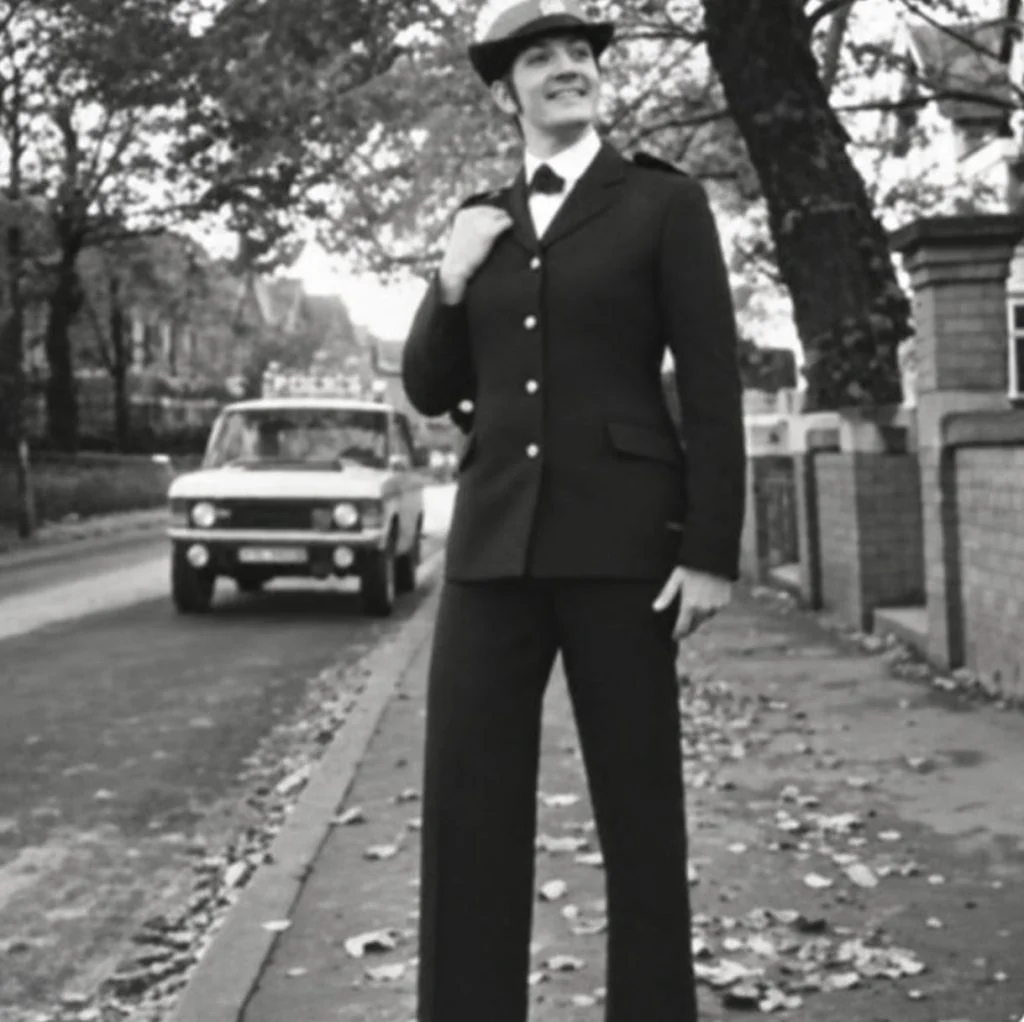 Black and white photograph of a young Sandie Wilde in police uniform, modelling the trousers issued to policewomen, standing on a tree-lined street
