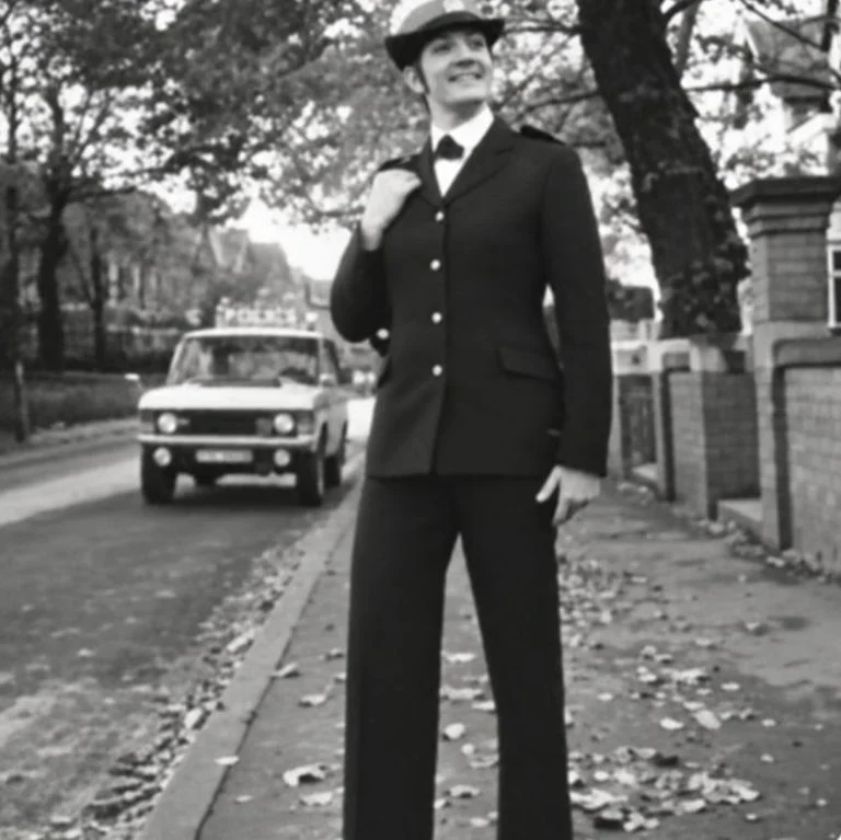 Black and white photograph of a young Sandie Wilde in police uniform, modelling the trousers issued to policewomen, standing on a tree-lined street